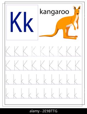 Ein Arbeitsblatt für Kinder mit dem Buchstaben K zum Erlernen des englischen Alphabets. Stock Vektor