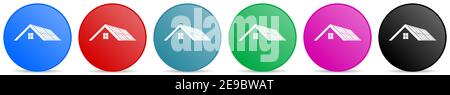 Sonnenkollektoren auf dem Dach eines Hauses, saubere Energie, Power-Vektor-Icons, Satz von Kreis Gradienten Tasten in 6 Farben Optionen für webdesign und mobile Applica Stock Vektor