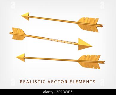 Satz von goldenen Pfeilen isoliert. 3D realistischer Vektor. Sammlung von metallischen Cupid's Arrows. Stock Vektor