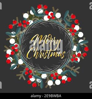 Moderner Weihnachtsschmuck-Kranz mit Merry Christmas Schriftzug Stock Vektor