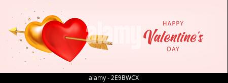 Valentinstag Luxus Banner, Poster, Einladung. Paar rote und goldene Herzen durchbohrt von Amors goldenem Pfeil isoliert. 3D realistischer Vektor Stock Vektor