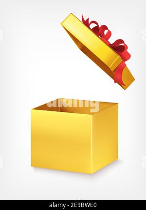 Leere Geschenkbox aus Gold mit roter Schleife auf weißem Hintergrund. Geschenkbox öffnen. Verkauf. 3D realistische Vektordarstellung. Stock Vektor