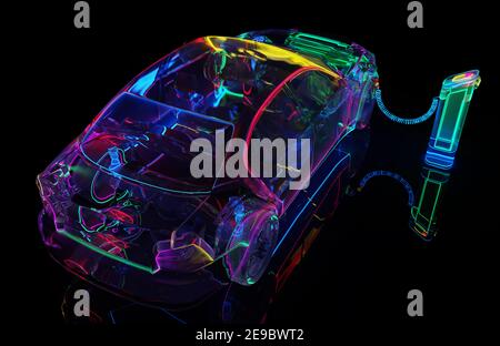 Laden Sie ein modernes Elektroauto. Glasauto mit Neonbeleuchtung Stockfoto
