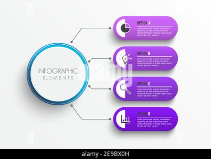 Flussdiagramm mit 4 runden, papierweißen Elementen, die mit dem Hauptkreis verbunden sind. Konzept der vier wichtigsten Geschäftsziele des Unternehmens. Modernes Infografik Design Layout Stock Vektor