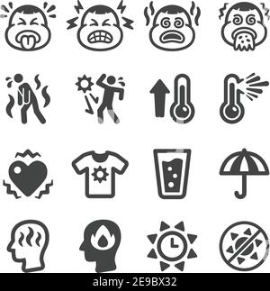 Symbole für Hitzschlag, Symptome und Prävention, Vektor und Illustration Stock Vektor
