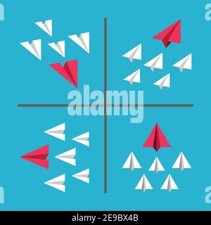 Rot und weiß Papier Flugzeug fliegen in der gleichen Weise, Geschäft und Führungskonzept, Papierebene konzeptionelle Illustration und Vektor-Set Stock Vektor