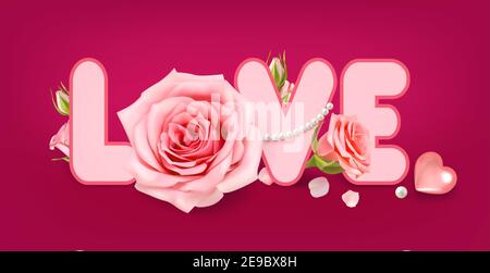 Liebe. Poster mit valentine Rose auf dunkelrotem Hintergrund für Dekorationsdesign. 3D realistischer Vektor. Valentine Grußkarte, Banner, Poster. Stock Vektor