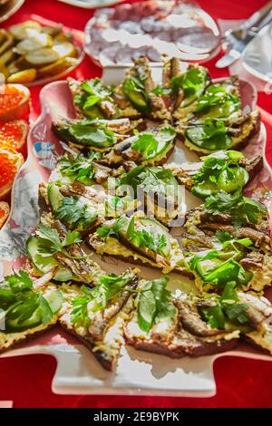 Sandwiches mit Sprossen, Käse und Kräutern auf dem Festtisch Stockfoto