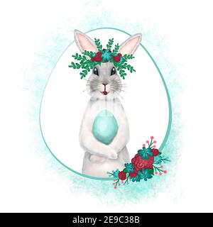 Aquarell-Illustration eines Osterhasen mit einem Ei in den Pfoten. Grußkarte mit Hase und Blumen. Stockfoto