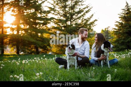 Glückliches junges Paar zu Fuß, spielen mit Hunden in einem Park Stockfoto
