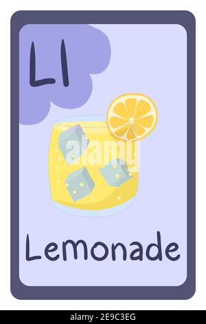 ABC Bildung Flash-Karte in Cartoon-Stil auf bunten Hintergrund. Buchstabe L - Limonade. Kalter Sommer trinken aus den Früchten des Zirus mit Eis. Vektorgrafik Alphabet. Stock Vektor
