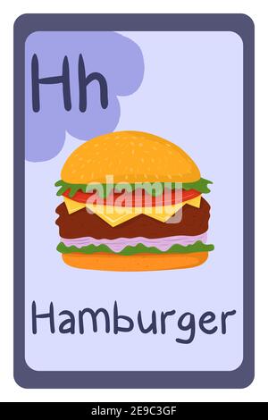 ABC Lebensmittel Bildung Flash-Karte, Buchstabe H - Hamburger. Cartoon Design Vorlage mit bunten Alphabet Bildung Karte. Stock Vektor