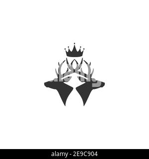 Schwarze Silhouette von Hirschköpfen mit Geweih und königlicher Krone. Monarchie, Wappen Zeichen. vektor flache Symbol isoliert auf weißem Hintergrund. Magie, Fee Stock Vektor