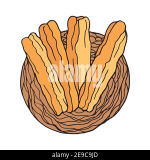 Handgezeichneter Doodle youtiao. Chinesisches Gericht. Design Skizzenelement für Menü Café, Restaurant, Etikett und Verpackung. Vektorgrafik farbenfrohe Illustration Stock Vektor