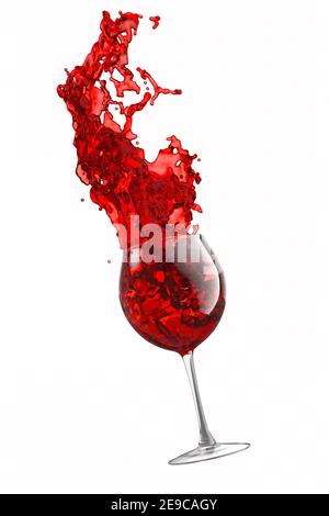 Glas mit Rotwein und Flüssigkeitsspritzen isoliert auf weißem Hintergrund. Stockfoto