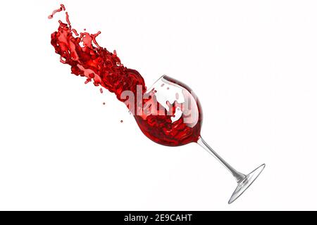 Glas mit Rotwein und Flüssigkeitsspritzen isoliert auf weißem Hintergrund. Stockfoto