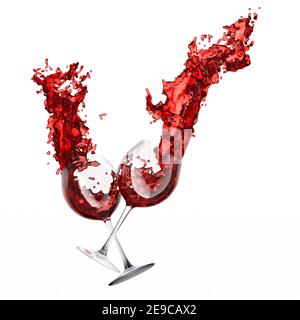 Paar Gläser mit Rotwein und Spritzer Flüssigkeit isoliert auf weiß. Stockfoto