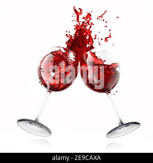 Paar Gläser mit Rotwein und Spritzer Flüssigkeit isoliert auf weiß. Stockfoto