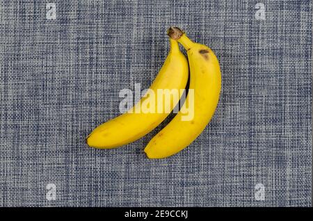 Zwei reife Bananen mit braunen Flecken auf blauem und weißem Hintergrund. Bio-Lebensmittel. Speicherplatz kopieren. Flach liegend Stockfoto