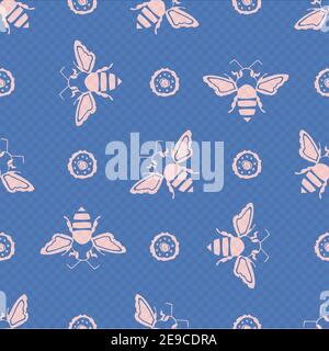 Honigbiene und Blumen Vektor nahtlose Muster Hintergrund. Silhouette Schablone Stil Hand gezeichnet fliegenden Insekt und Blumen rosa blauen Hintergrund. Garten Stock Vektor