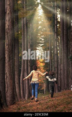 Eine junge Frau und ein Kind genießen die Natur, laufen frei in einem Wald mit Herbstfarben. Stockfoto