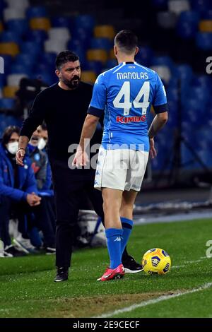 2/3/2021 - Konstantinos Manolas ( Napoli ) Gennaro Gattuso ( Trainer SSC Napoli ) während SSC Napoli gegen Atalanta BC, Italienischer Fußball Coppa Italia Spiel in Neapel, Italien, Februar 03 2021 (Foto by IPA/Sipa USA) Stockfoto