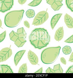 Zitrusfrüchte, Minzblätter, Eiswürfel Vektor nahtlose Muster Hintergrund. Retro grün weiß Hintergrund mit Linie Art Stil Zitronen, Limetten, Eis, Minze Stock Vektor
