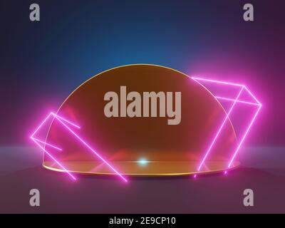 3D Render goldener Sockel mit Neonlicht. Abstrakte Produktdarstellung im futuristischen Stil. Laserparty, Club-Nachtleben, Gamer-Station Stockfoto