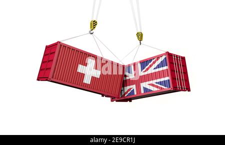 Handelsabkommen zwischen Großbritannien und der schweiz. Zusammenprallen von Frachtcontainern. 3D Rendern Stockfoto