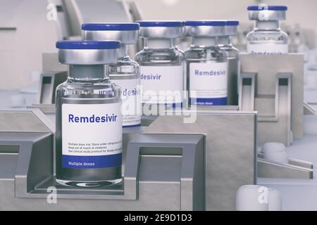 Remdesivir (es ist ein internationaler nicht proprietärer Name) antivirales FDA zugelassenes Medikament zur Behandlung von Coronavirus covid-19, 3d-Illustration Stockfoto