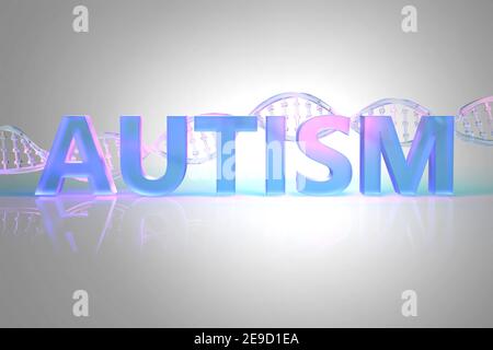 Autismus-Wort, moderner Stil-Schriftzug mit DNA und Kopierraum, 3D Illustration Stockfoto
