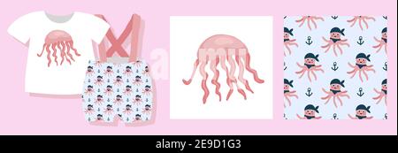 Ein lustiger Druck für Babykleidung. Niedliches Muster mit dem Meer. T-Shirt-Design. Vektorgrafik. Ready-made Textil-Design-Kit. Nahtlose Muster. Ma Stock Vektor