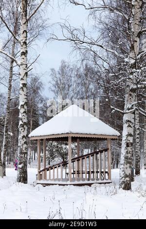 Pavillon im Park zwischen Birken mit Schnee bedeckt. Hochwertige Fotos Stockfoto