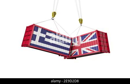 Handelsabkommen zwischen Großbritannien und griechenland. Zusammenprallen von Frachtcontainern. 3D Rendern Stockfoto