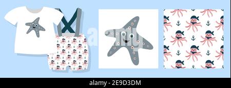 Ein lustiger Druck für Babykleidung. Niedliches Muster mit Fischen. T-Shirt-Design. Vektorgrafik. Ready-made Textil-Design-Kit. Nahtlose Muster. Marin Stock Vektor