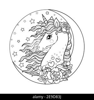 Schönes Einhorn mit Blumen und Mond. Schwarz-Weiß-Bild für die Färbung. Vektor Stock Vektor