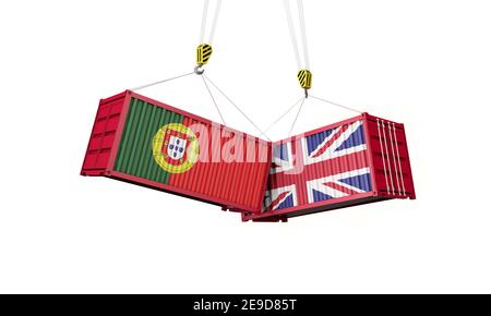 Handelsabkommen zwischen dem Vereinigten Königreich und portugal. Zusammenprallen von Frachtcontainern. 3D Rendern Stockfoto