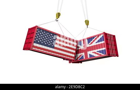 Handelsabkommen zwischen Großbritannien und den usa. Zusammenprallen von Frachtcontainern. 3D Rendern Stockfoto