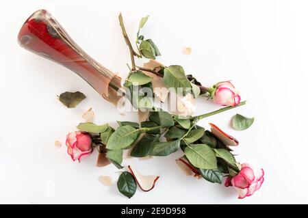 Zerbrochene Glasvase. Zerbrochene Blumenvase. Zerbrochene Vase mit Rosen auf dem Boden. Oben. Stockfoto