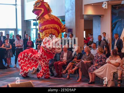 Wellington. Februar 2021, 1st. Eine große Gala findet am 1. Februar 2021 im Neuseeland National Museum in Wellington, Neuseeland, statt, um den 15th. Jahrestag der Städtepartnerschaft zwischen dem chinesischen Peking und Wellington zu feiern. Kredit: Guo Lei/Xinhua/Alamy Live Nachrichten Stockfoto