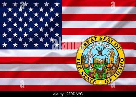 Flagge der USA mit dem Emblem von Idaho, USA, Idaho Stockfoto