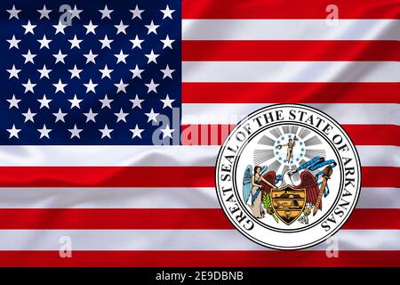 Flagge der USA mit dem Emblem von Arkansas, USA, Arkansas Stockfoto