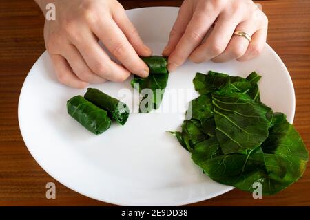 Collard Greens gefüllt. Collard Greens gefüllt mit Fleisch und Reis, traditionelle türkische Küche. Schwarzkohl Rollen Stockfoto