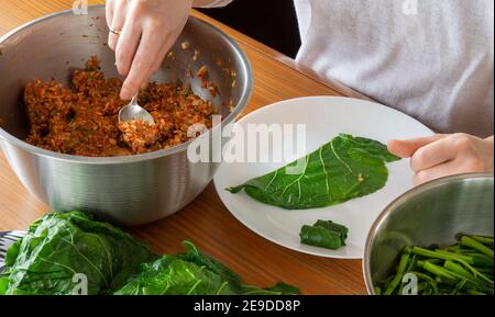 Collard Greens gefüllt. Collard Greens gefüllt mit Fleisch und Reis, traditionelle türkische Küche. Schwarzkohl Rollen Stockfoto