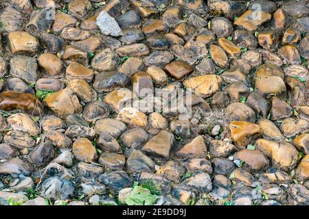 Blick von oben auf den Boden mit polierten Steinen Stockfoto