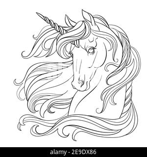 Kopf des Einhorns mit einer langen Mähne. Vektor schwarz-weiß Illustration für Malseite. Für die Gestaltung von Drucken, Plakaten, Postkarten, Malbüchern, Stock Vektor