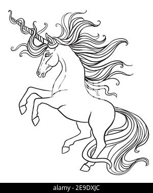 Elegantes Einhorn mit langer Mähne und Schwanz. Vektor schwarz-weiß Illustration für Malseite. Für die Gestaltung von Drucken, Plakaten, Postkarten, colori Stock Vektor