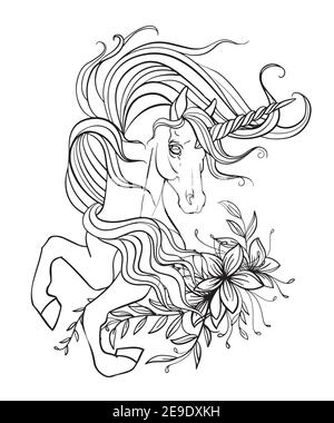 Schönes Einhorn mit einer langen Mähne und Blumen. Vektor schwarz-weiß Kontur Illustration für Malseite. Für die Gestaltung von Drucken, Plakaten, Post Stock Vektor