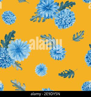 Aquarell blaue Blumen auf gelbem Hintergrund wiederholbare Muster. Stockfoto