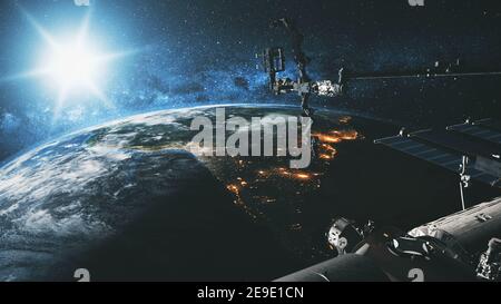 Internationale Raumstation Erdsatellit mit heller Sonne im Kosmos über dem Planeten des Sonnensystems in räumlicher explore-Mission. Sterne und Milchstraße im Hintergrund. 3D Animation der Wissenschaft NASA-Technologie Stockfoto